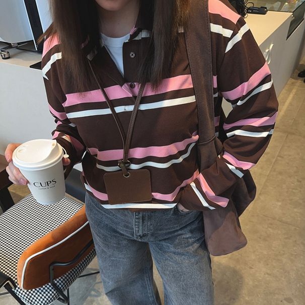 Autumn Brown Striped Polo Shirt Loose Long Sleeve T-Shirt Design Sense Temperament Casual Commuting_ecoleips.com