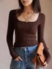Women's Square Neck Ribbed Fabric T-Shirt Black Low Neck Patchwork Striped Base Layer Autumn Top American Style_ecoleips.com