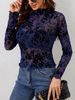 Women's Clothing Navy Blue Flocked Rose Mesh Long Sleeved Top Slim Fit Inner Layer Style For Women For Formal & Casual For Women_ecoleips.com