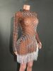 Women's Clothing Glitter Mesh Bodycon Mini Dress Rhinestones Fringe Sexy Sleeveless Party Dress For Stage Performance Evening Events (Coffee)_ecoleips.com