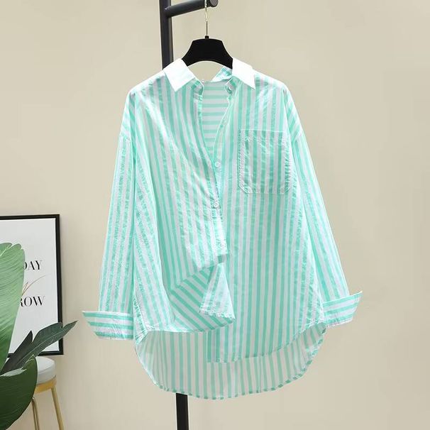 Women's Clothing Pure Cotton Long Sleeved Shirt Striped Print Fashionable Loose Cardigan Style Versatile Spring Inner Layer Top_ecoleips.com