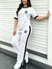 Women's Simple Sport 2-piece Set, Classic Print Colorblock Tee & Stretch Knit Side-stripe Drawstring Wide Leg Pants For Spring Summer Commute & Gym_ecoleips.com