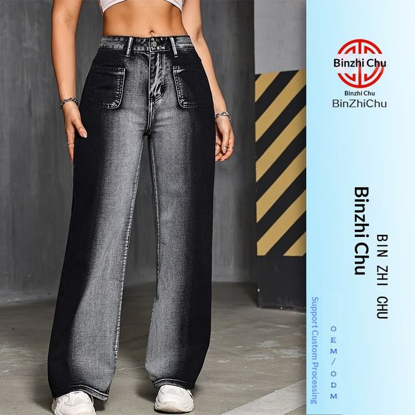 Washed Straight-leg Women's Washed Denim Stretch Jeans, Loose Fit To Flatter The Figure_ecoleips.com
