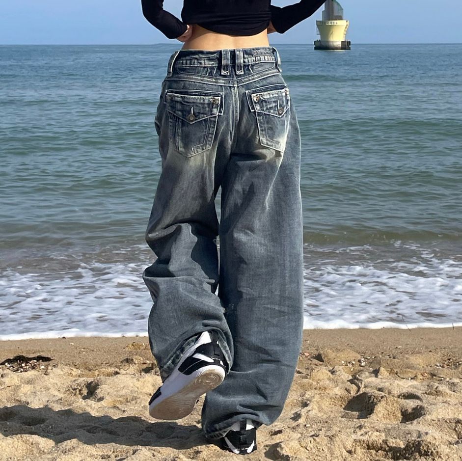 Women's Clothing Retro Style Jeans Women's Wide Leg Pants Old Ins Style Mopping Trousers_ecoleips.com