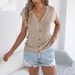 2026 Spring Summer Casual Solid Color Button V-Neck Knitted Sweater Vacation Top Cross-Border Women's Fashion_ecoleips.com