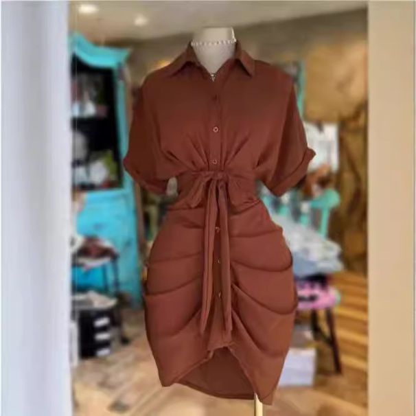Women's Clothing Solid Color Bat Sleeve Waist Folded Shirt Skirt_ecoleips.com