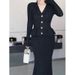 Aria Basics Aria Basics Cro-border Sp2026 Autumn Winter French Ladylike Long V-neck Fishtail Plus-size Knitted Black European And American_ecoleips.com