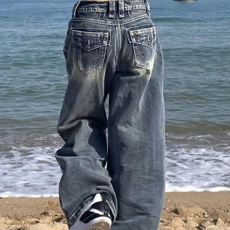 Women's Clothing High Street Washed Distressed Black And Gray Straight Jeans For Women Retro Hip Hop Trendy Brand Early Autumn Wide Leg Trousers_ecoleips.com