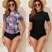Women's Short-Sleeve Bikini Set – Sexy Tie-Front Swimwear With Removable Padding, Solid & Floral Prints For Beach & Pool_ecoleips.com