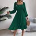 2026 Spring/Summer European And American Casual Solid Color Square Neck Long Sleeve Waist-Cinching Ruffle A-Line Dress_ecoleips.com