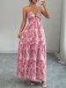 Peleis Walnut Flower V-Neck Thin Strap Dress,Natural Wood Beaded Halter Double Layer A-Line Skirt_ecoleips.com