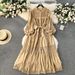 Elegant French-Style Lace Trim Bubble Sleeve Dress With Bow Tie & Peter Pan Collar – Flowy Midi Length For Women_ecoleips.com