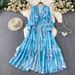 Women's French Style Lace Patchwork V Neck Dress Printed Slimming Long Skirt Single Breasted Waist Cinching Spring Autumn_ecoleips.com