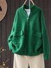 Plus Size Stand Collar Zip-Up Knit Cardigan, Green Sweater Coat With Pockets_ecoleips.com