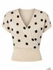 Women Soft Skin-Friendly Breathable Polka Dot Knit Top Wrap V Neck Short Sleeve Loose Waist Cinch Cropped Knit Blouse_ecoleips.com