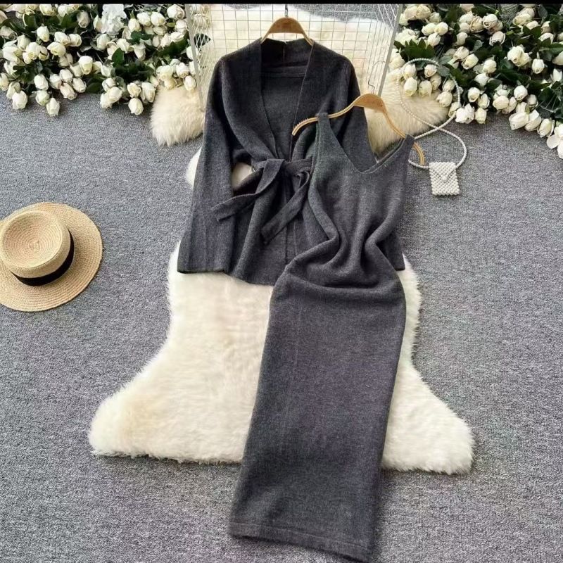 Lazy Luxe Knit Set – Oversized Cable Sweater & Slip Dress Duo In V-Neck & Relaxed Fit (3 Neutral Shades)_ecoleips.com