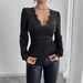 Women's Solid Color V Neck T-Shirt Lace Patchwork Rhinestone Side Gathered Spring Summer New_ecoleips.com