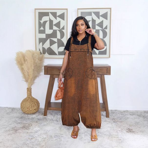 Women's Casual Loose Fitting Denim Overalls Spring/Summer Lantern Jumpsuit With Slanted Pockets Regular Thickness Polyester_ecoleips.com
