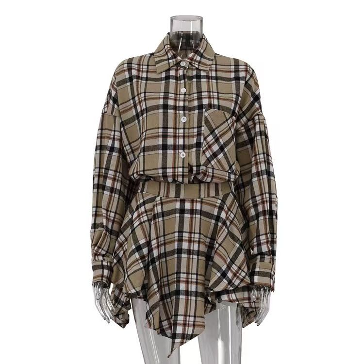 Women's Clothing Long Sleeved Plaid Shirt Irregular Skirt Suit Women's Spring And Summer New Style Comfortable And Versatile_ecoleips.com