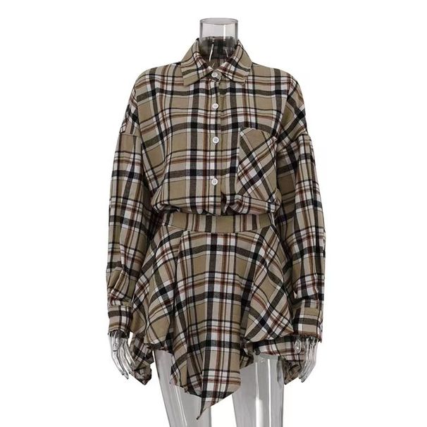 Women's Clothing Long Sleeved Plaid Shirt Irregular Skirt Suit Women's Spring And Summer New Style Comfortable And Versatile_ecoleips.com