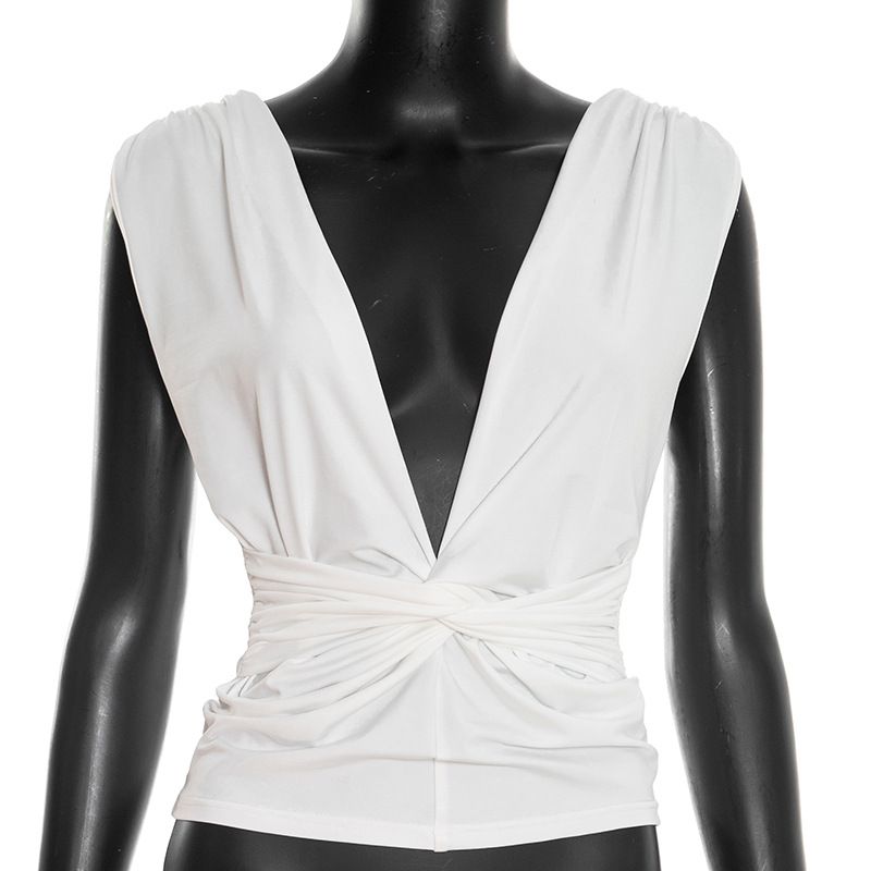 Summer Sexy Solid Color Women's Sleeveless Fitted Top Twisted V Neck Hot Girl Style_ecoleips.com