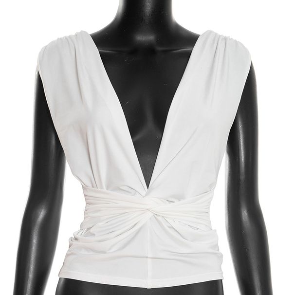 Summer Sexy Solid Color Women's Sleeveless Fitted Top Twisted V Neck Hot Girl Style_ecoleips.com