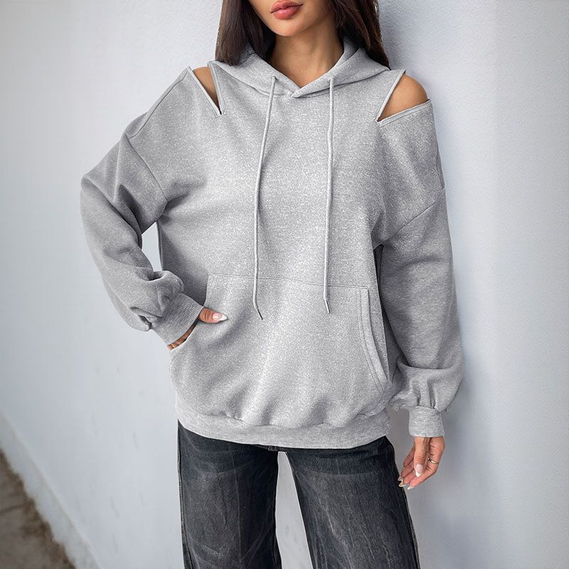 K New Hooded Solid Color Zipper Adjustable Hollow Long Sleeved Sweatshirt For Women_ecoleips.com