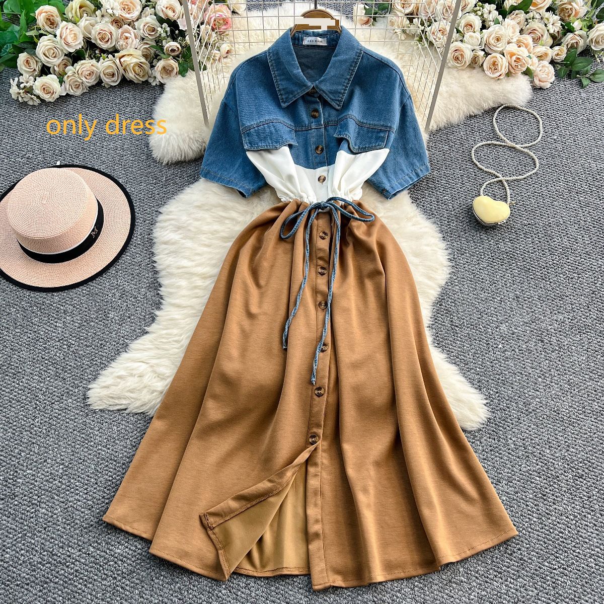 Women's Clothing Fashionable Brand Large Size Color Matching Drawstring Waist Denim Shirt Long Short-sleeved Dress For Women Spring And Summer_ecoleips.com
