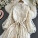 "Elegant Stand-Up Collar Floral Embroidery Dress With Lantern Sleeves & Tie Waist – Vintage-Inspired Long Dress For Women"_ecoleips.com