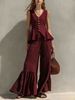 Women's Linen Ruffled Wide Leg Pants V Neck Button Up Top Resort Fashion Set New_ecoleips.com