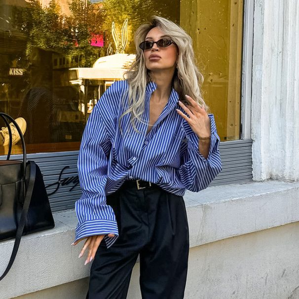 Blue Striped Shirt For Women: Autumn/Winter Design With A Chic, Niche Look, Paired With A Casual Top_ecoleips.com
