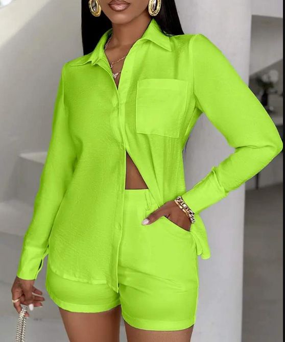 Women's Clothing Elegant Solid Color Pocket Long Sleeved Shirt + Shorts Suit Two Piece Set_ecoleips.com