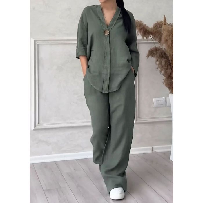 Breathable Linen Blend Two-Piece Set For Women: Relaxed Fit High-Waisted Trousers & Flowy Shirt, Plus Size Comfort_ecoleips.com