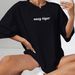 Women's Clothing Women's Casual Black T-Shirt Round Neck Short Sleeve Letter Print Simple Sports Top Style Loose Fit_ecoleips.com