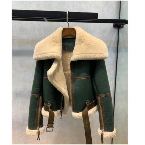Women's Clothing Winter New Green Splicing Large Lapel Motorcycle Clothes Women's Thickened Short Fur Sheep Shearling Jacket_ecoleips.com