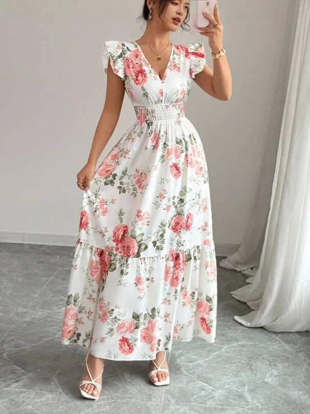 Women's Clothing Elegant Ladies Floral Print Hem Long Clothing_ecoleips.com