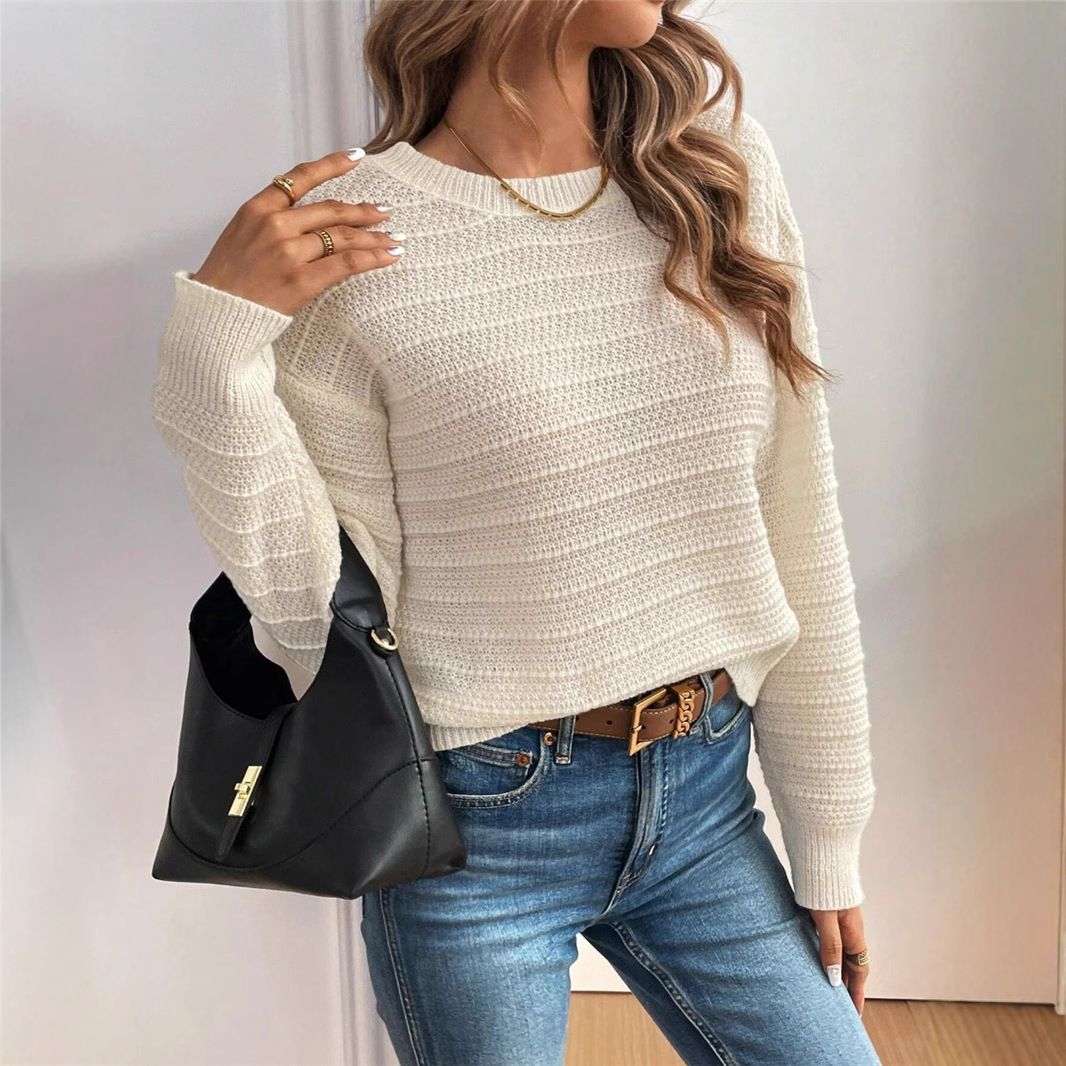Women's Clothing Butterfly Knot Back Detail Casual Long Sleeve Sweater - Soft Beige, Relaxed Fit, Breathable Polyester Blend, Versatile Streetwear_ecoleips.com