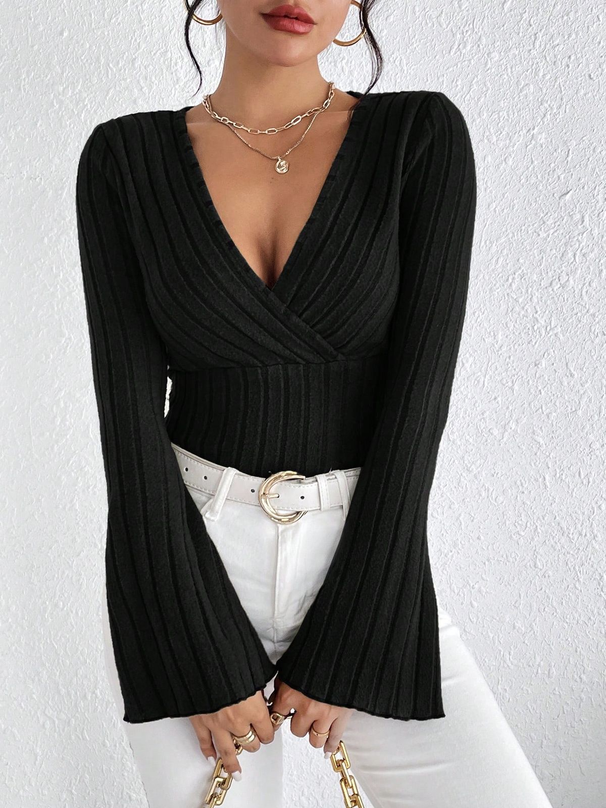 Women's Fall And Winter Long-sleeved Tops, V-neck Sexy Slim Striped Women's Tops, Long-sleeved T-shirt Knitted Bottoming Shirt_ecoleips.com