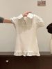 Korean Sweet Top Quality Style White Polka Dot Faux Two-Piece Puff Sleeve T-Shirt For Women, Summer Turn-Down Collar, Patchwork Doll_ecoleips.com