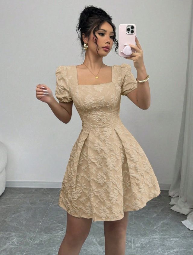 Women's Clothing Summer Elegant Jacquard Dress Slim Fit Square Neck Puff Sleeve A-Line American Style Solid Color_ecoleips.com