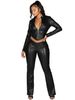 Women's Stylish Faux Leather Jacket & Flared Pants Set - Stretch Polyester Blend, Zipper Detail, Slim Fit Two-Piece Outfit (Black, Burgundy)_ecoleips.com