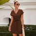 Women's Summer Casual V Neck Dress with Tie Pocket European American Style Elegant Fashion Spring/Autumn Regular Size_ecoleips.com