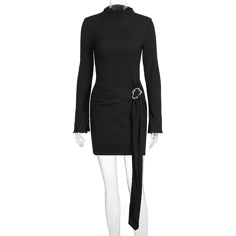 Elegant Fashion Solid Color Slimming Waist Fitted Long Sleeve Dress With Metal Buckle For Women Casual Daily Formal Occasion Wear_ecoleips.com