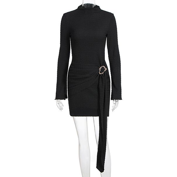 Elegant Fashion Solid Color Slimming Waist Fitted Long Sleeve Dress With Metal Buckle For Women Casual Daily Formal Occasion Wear_ecoleips.com