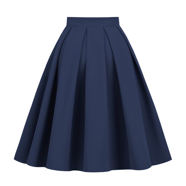 Retro Hepburn Style Pleated Midi Skirt Solid Color A-Line Waist Cinching Wide Hem Versatile Fluffy 50s Women's Bottoms_ecoleips.com