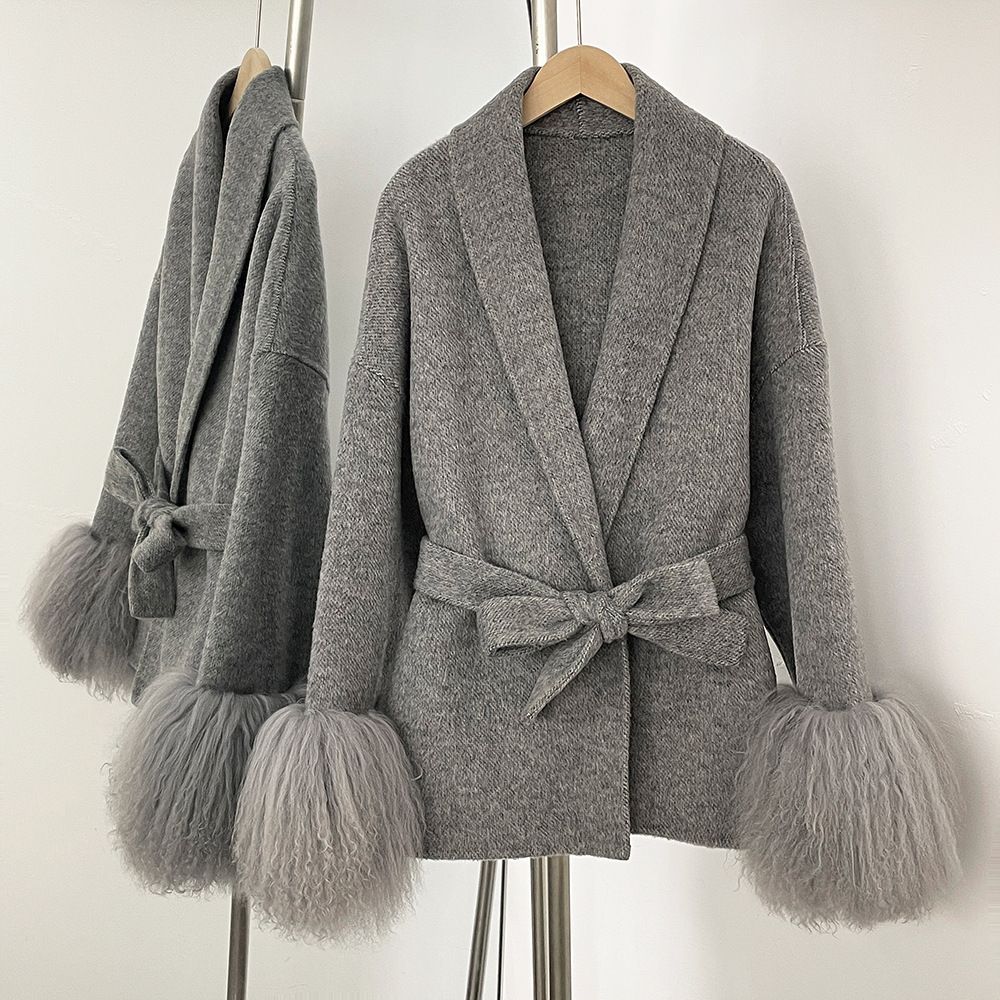 Women's Clothing Luxury Double-Faced Wool Coat Cashmere Blend With Fox Fur Cuffs, Elegant Loose Fit, Long & Short Styles (Grey, Beige, Oatmeal)_ecoleips.com