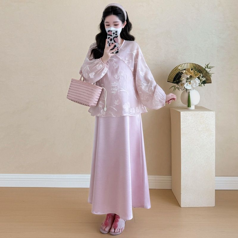 New Korean Fashion Jacquard Top + Camisole Dress Two-Piece Set For Pregnant Women_ecoleips.com