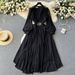 Women's Clothing Seaside Vacation Travel Photography Lantern Long Sleeves V Neck Waist Slimming A Line Chiffon Pleated Dress_ecoleips.com