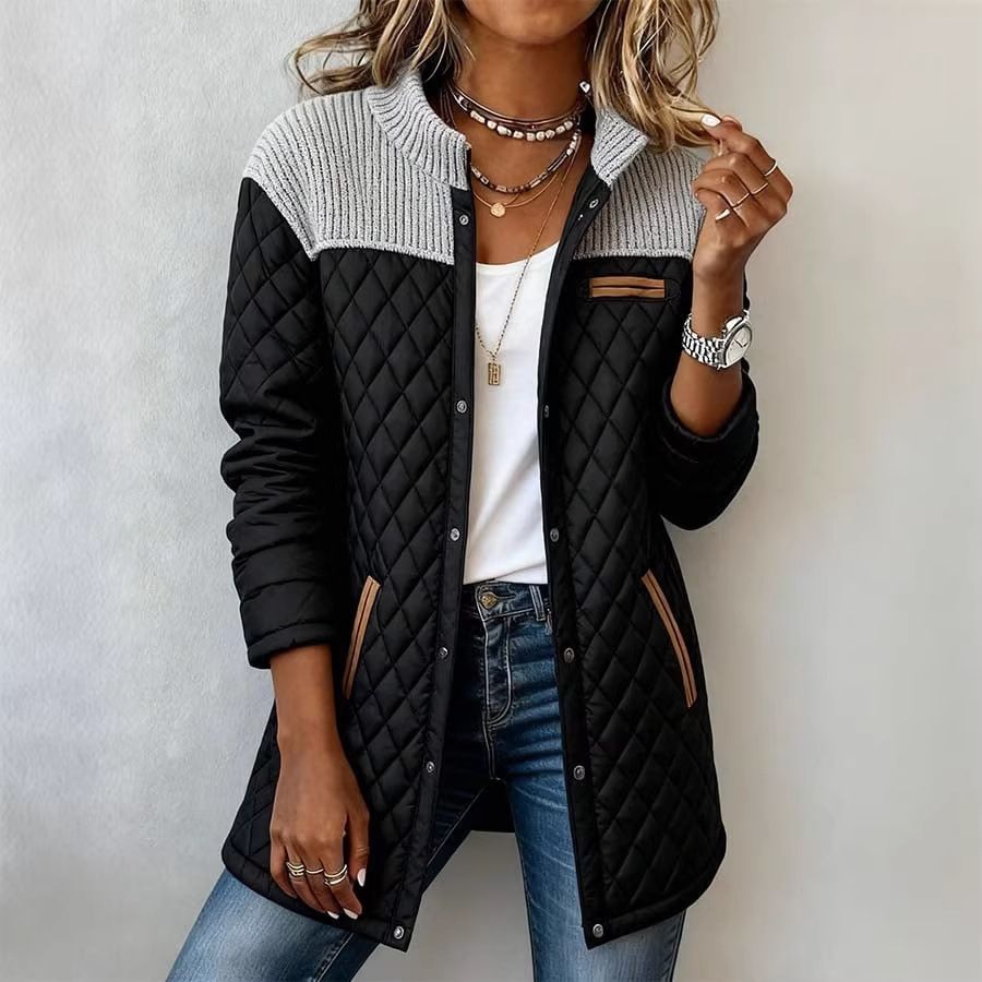 Women's Patchwork Cotton Jacket Long Sleeve Round Neck Diamond Pattern Loose Fit With Pockets Outerwear_ecoleips.com