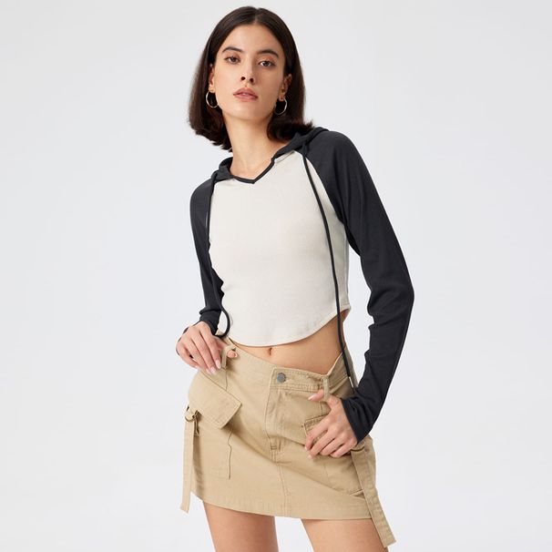 Voya Women's Spring And Summer New Hooded Patchwork Contrasting Irregular Slim Fit Long Sleeved T-shirt Top_ecoleips.com